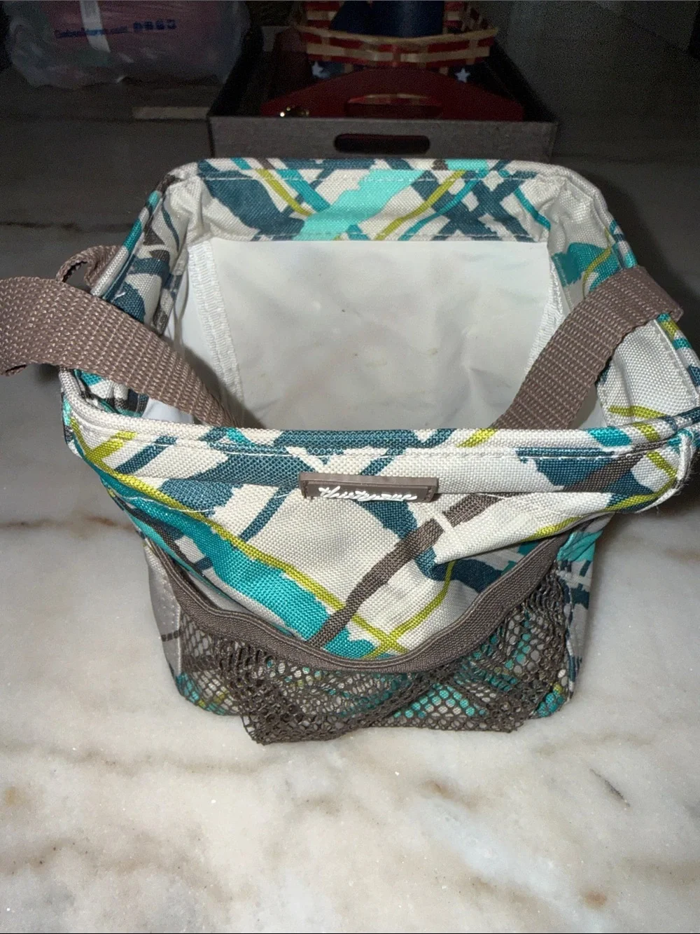Patterned Canvas Tote Bag in Teal and Gray